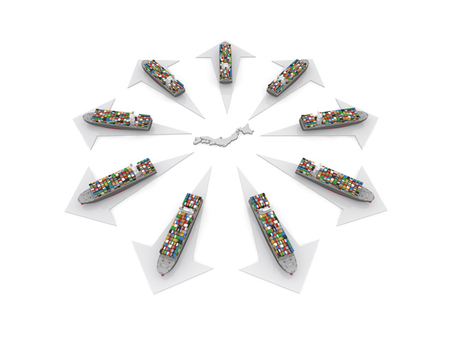 日本地図/海外展開/貨物船 - 生産/イラスト/インダストリー/写真/イメージ/フォト/フリー素材