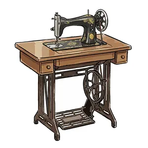 木製テーブルと鉄脚のアンティークな足踏みミシンのイラスト