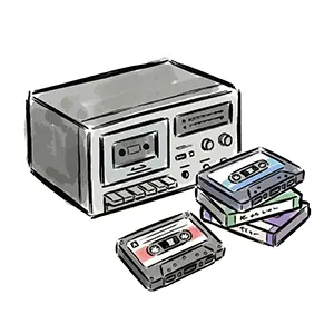 据え置き型カセットデッキと積み重なったカセットテープのイラスト