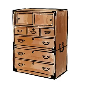 日本の伝統的な家具、木製の桐箪笥（和タンス）のイラスト