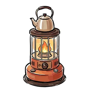 燃える石油ストーブと上に乗った銀色のやかんのイラスト