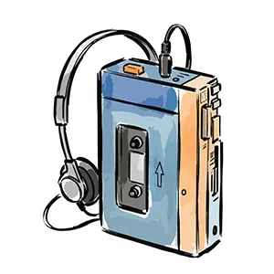 青いポータブルカセットプレーヤーとヘッドホンのレトロなイラスト