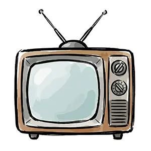 昭和レトロな木目調のブラウン管テレビとアンテナのイラスト