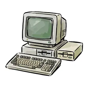 ブラウン管モニターとフロッピードライブの古いパソコンのイラスト