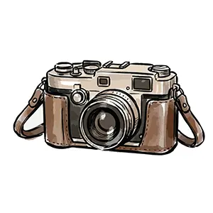 革ケースに入ったレトロでクラシックなフィルムカメラのイラスト