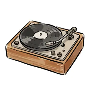 木製のレトロなレコードプレーヤーと回転するアナログレコードのイラスト