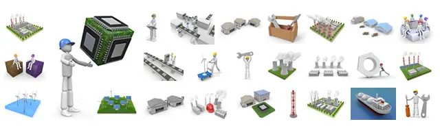 工場の外観イメージ、太陽光パネルや風力発電のエコエネルギー、半導体チップ、生産ラインなど、ハイテク産業や発電所関連の3Dビジネスイラスト素材。