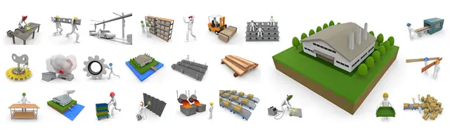 鉄骨や木材の運搬、溶接作業、工場の外観、資材棚、建設資材の加工など、建設業や資材置き場の現場作業を表現した3Dビジネスイラスト素材。