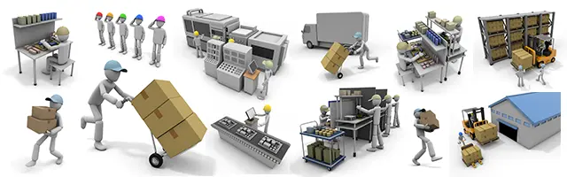 流れ作業での組み立て、検品、荷物の運搬、トラックへの積み込みなど、工場や配送センターで働く人々の手作業を中心とした3Dビジネスイラスト素材。