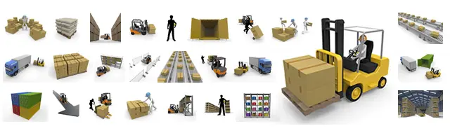 フォークリフトによるパレット搬送、トラックへの積み込み、コンテナ、広大な倉庫の内観など、物流拠点での荷役作業を描いた3Dビジネスイラスト素材。