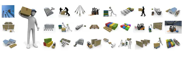 ダンボールを担ぐ配送員、トラック輸送、パレット積みされた荷物、港のコンテナ船など、配送業務と物流の流れを表現した3Dビジネスイラスト素材セット。