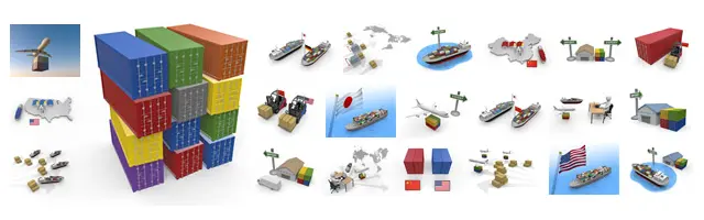 貿易・物流・輸出入のビジネスイラスト素材セット。コンテナ、貨物船、飛行機、フォークリフト、日米中の地図や国旗など、国際輸送イメージの3D画像まとめ。