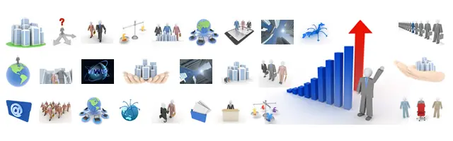 ビル群や右肩上がりの成長グラフ、地球儀、電子メール、握手するビジネスマン（3Dの白い人形）など、企業の発展と基本的な業務イメージを表現した3Dイラスト素材セット。