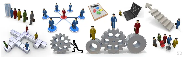 組織図や噛み合う歯車、サーバーネットワーク、階段を登る姿、迷路など、企業のシステム構築や組織力、問題解決をテーマにしたビジネス3Dイラスト素材セット。