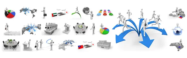 世界地図とネットワーク、拡散する矢印、トラックや飛行機による物流、円卓会議、積み上げられたフォルダなど、グローバルビジネスと流通をテーマにしたイラスト素材。