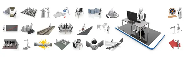 パソコンに向かうデスクワーク、チェス盤、砂時計、オフィスのパーティション、ハードルを越える姿など、業務管理や戦略立案をテーマにした3Dイラスト素材。