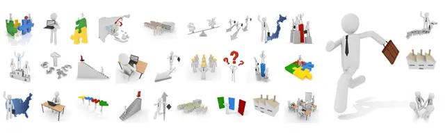 3Dの白い人物が日本地図や為替、工場、パズル、グラフなどのビジネスシーンで活躍するイラストセット。経済成長、グローバル取引、製造業、問題解決などの業務イメージを網羅しています。